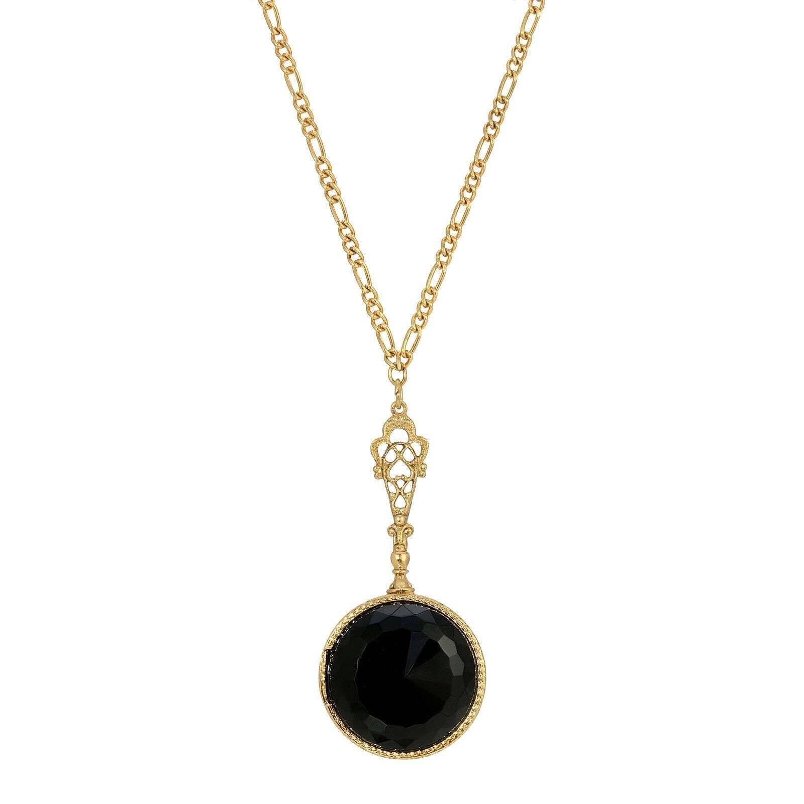 1928 Jewelry Deco Black Faceted Stone Pendant Necklace 28"
