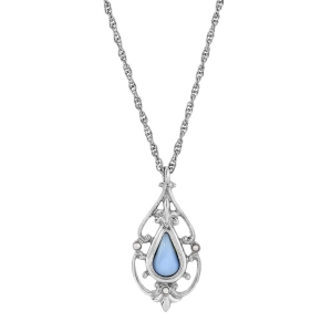 1928 Jewelry Faux Blue Moonstone Teardrop Fleur De Lis Pendant Necklace 16"   3 " Extender