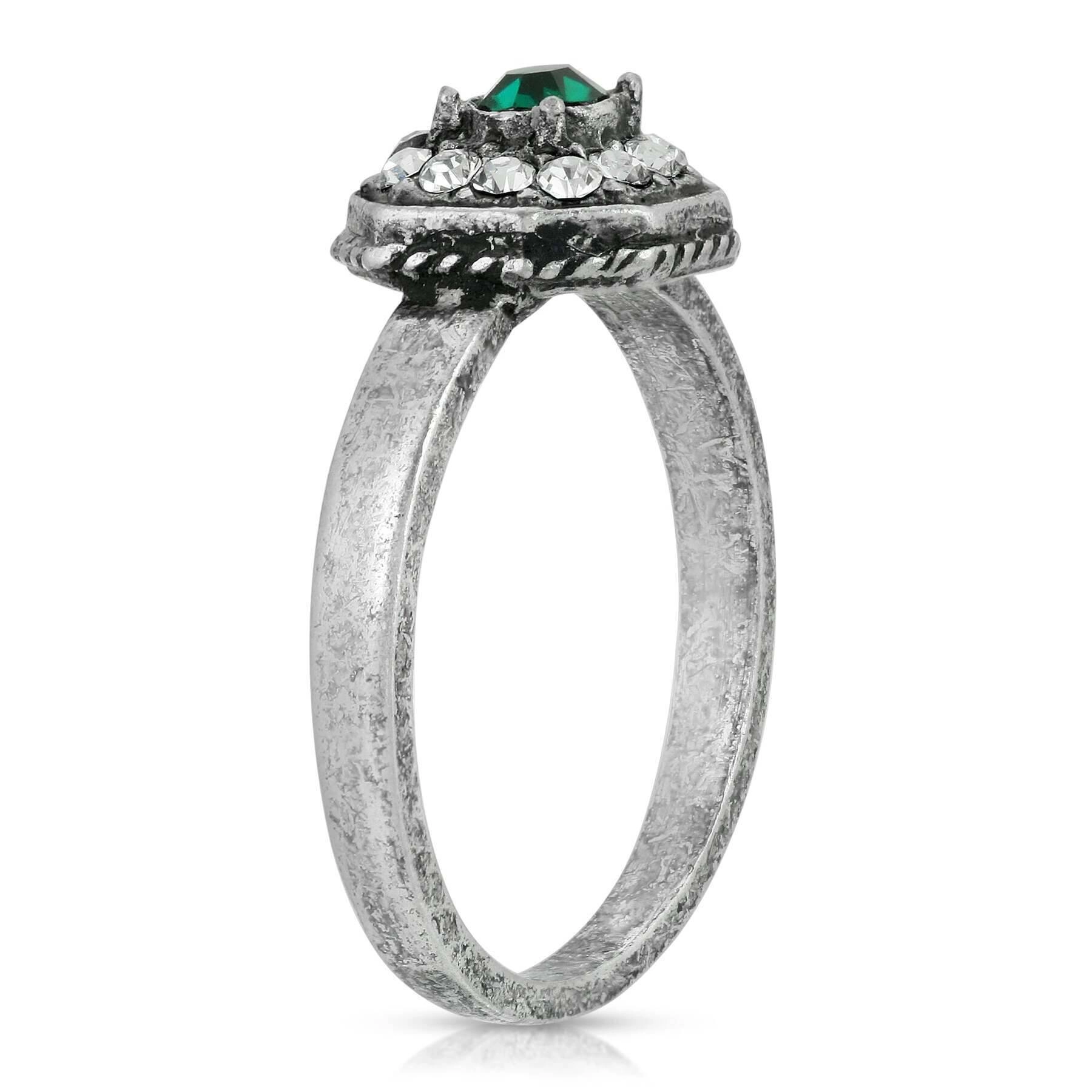 1928 Jewelry Pewter With Green And Clear Crystals Octagon Shaped Ring Size 7