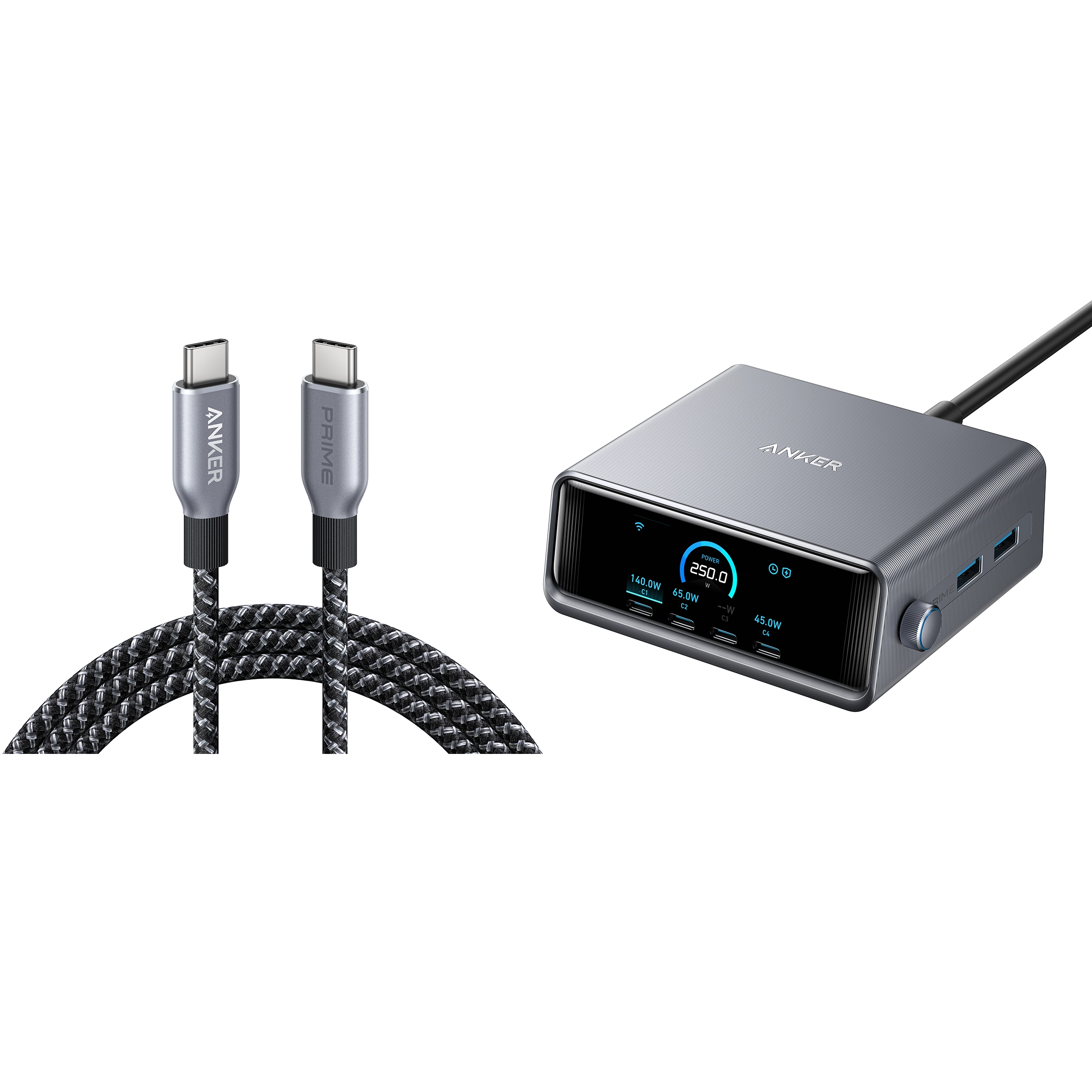 Anker Prime Charger (250W, 6 Ports, GaNPrime) with USB-C to USB-C Cable (240W)