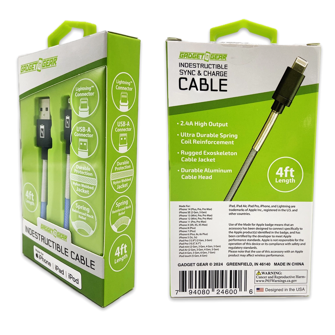 Charging Cable Indestructible USB to Lightning 4FT 2.4 Amp - 3 Pieces Per Pack 24600
