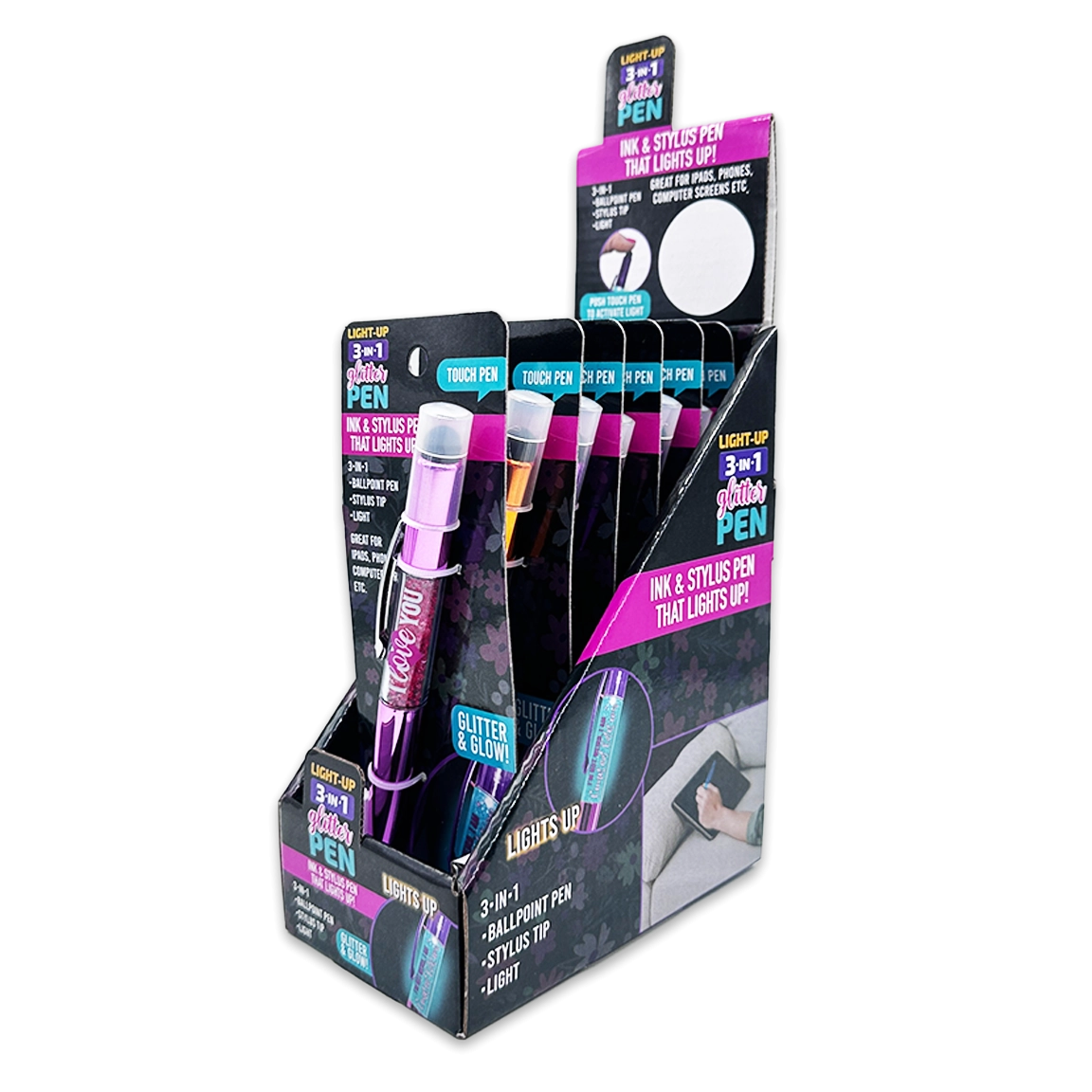 Light-Up 3-In-1 Glitter Pen Stylus - 6 Pieces Per  Retail Ready Display 24849