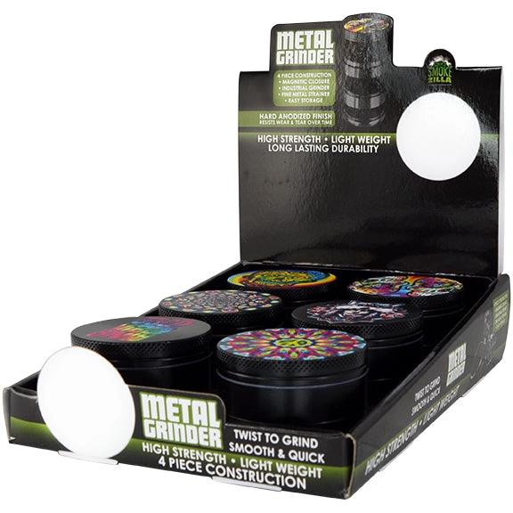 Metal 4 Piece Grinder with Printed Top - 6 Pieces Per Retail Ready Display 26439