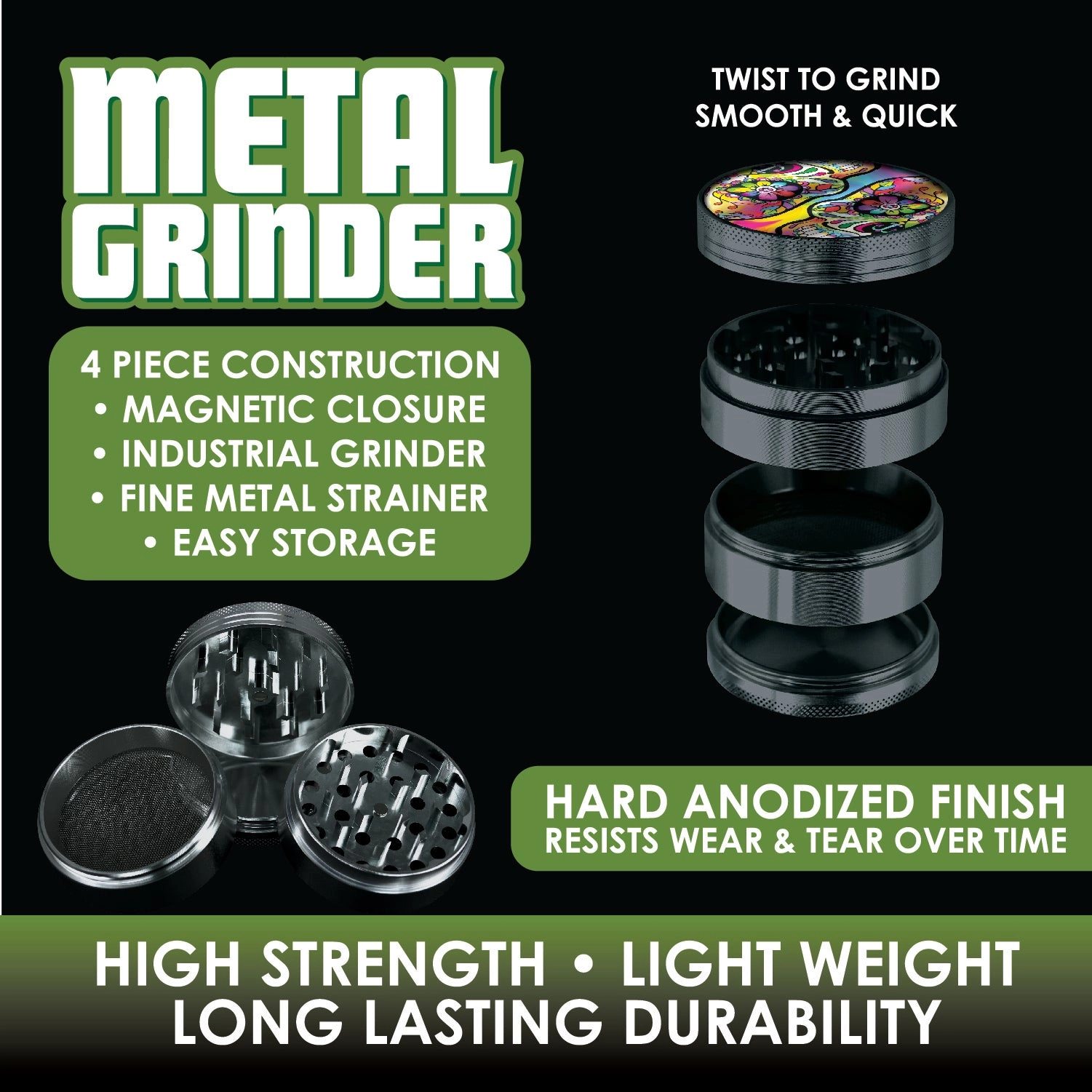 Metal 4 Piece Grinder with Printed Top - 6 Pieces Per Retail Ready Display 26439