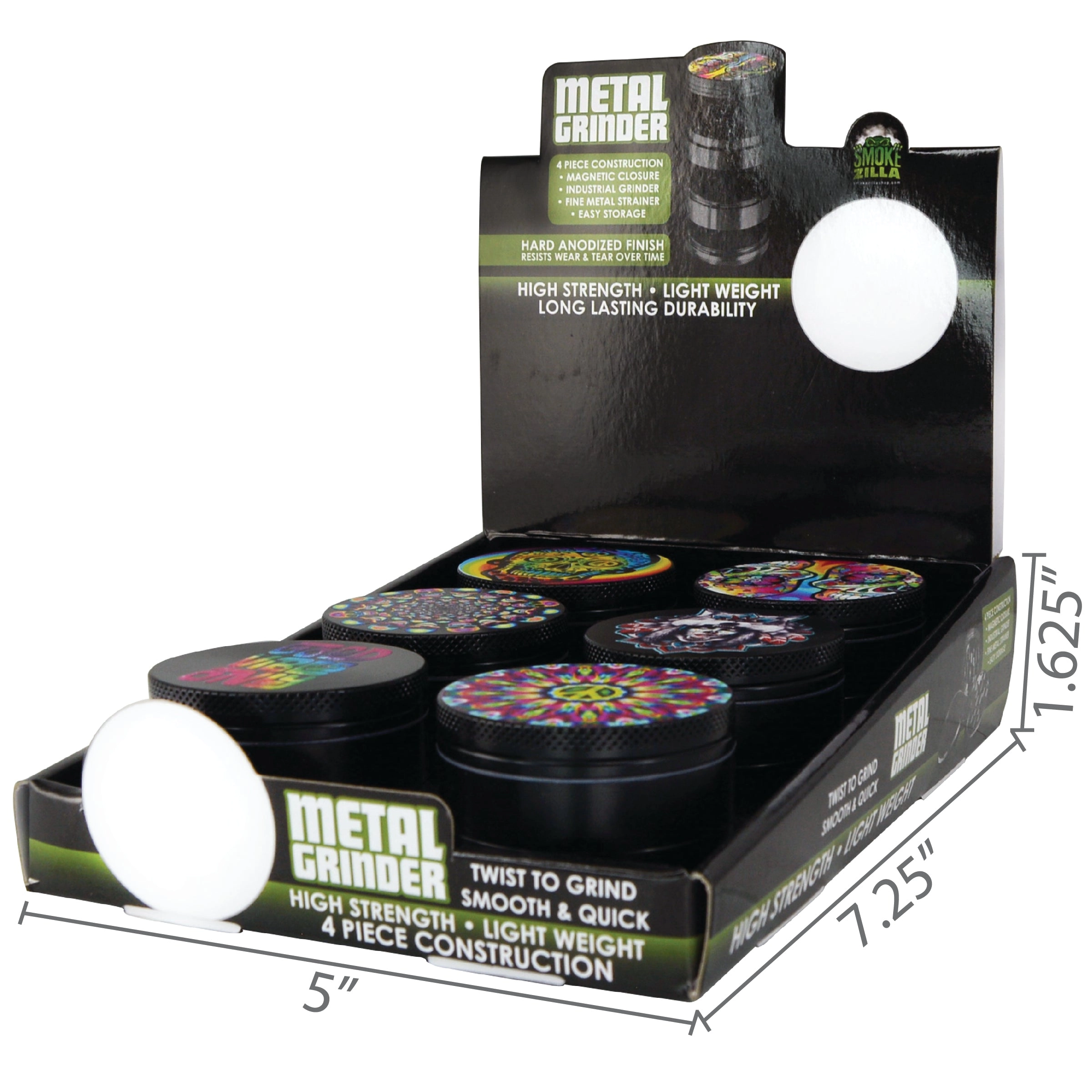 Metal 4 Piece Grinder with Printed Top - 6 Pieces Per Retail Ready Display 26439
