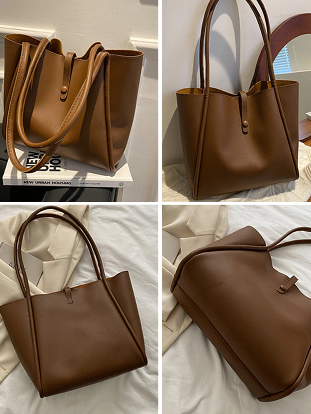 Solid Color PU Portable Large Capacity Tote Bag