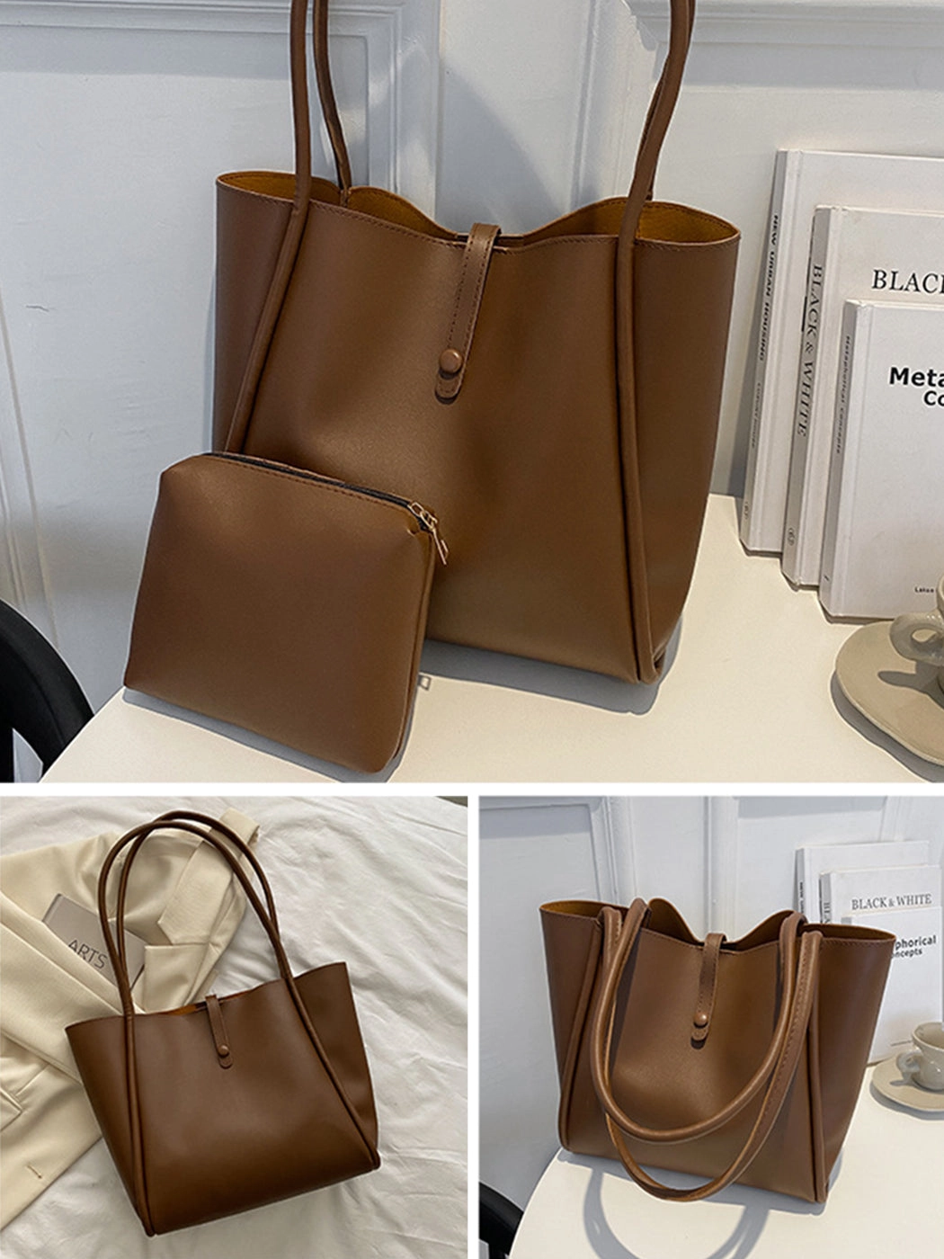 Solid Color PU Portable Large Capacity Tote Bag