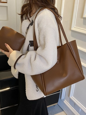 Solid Color PU Portable Large Capacity Tote Bag
