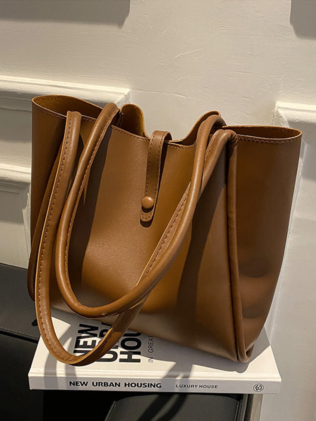 Solid Color PU Portable Large Capacity Tote Bag