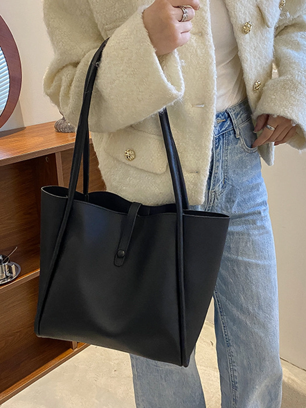 Solid Color PU Portable Large Capacity Tote Bag