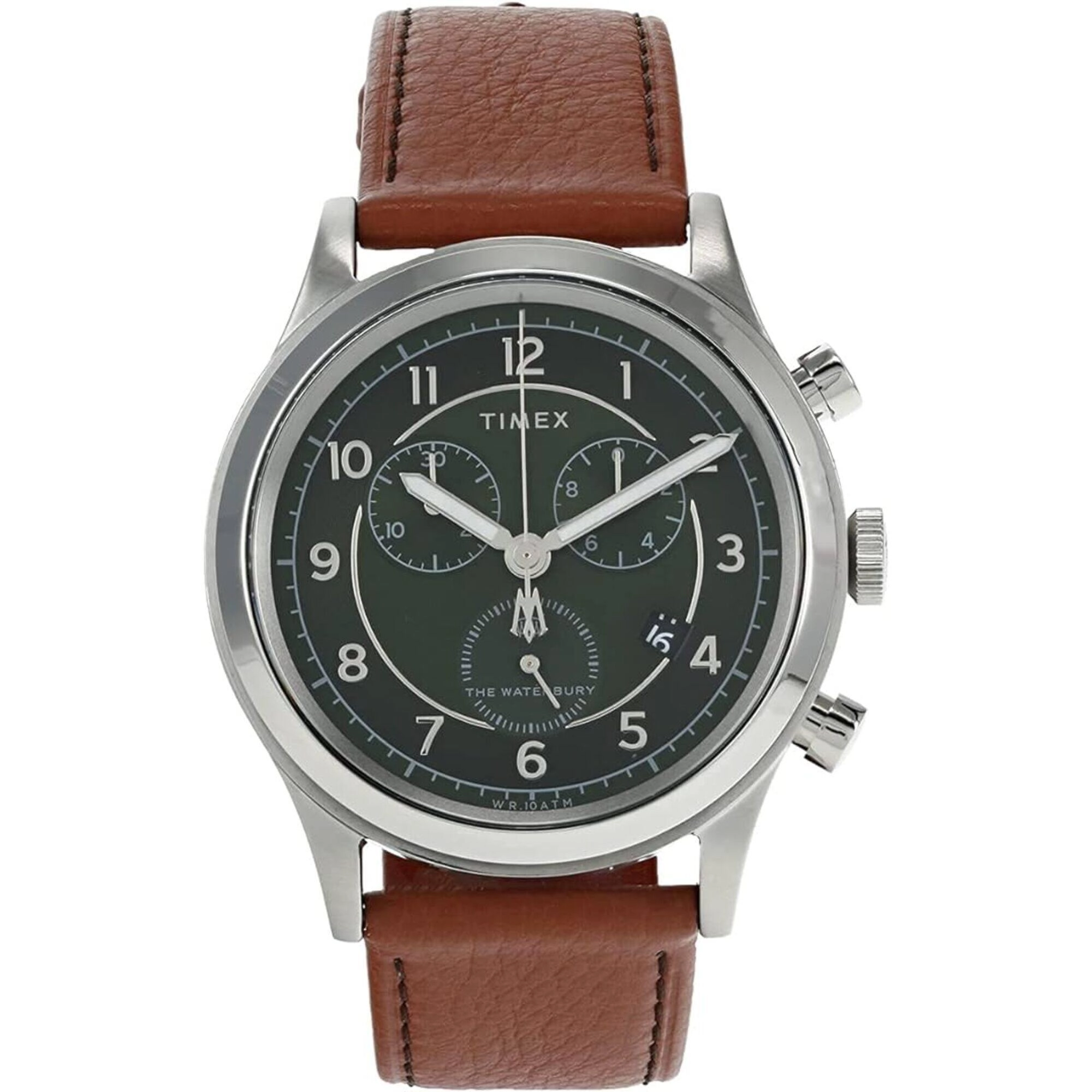 Timex Men's Watch - Waterbury Day-Date Dark Green Dial Brown Strap | TW2U90700VQ