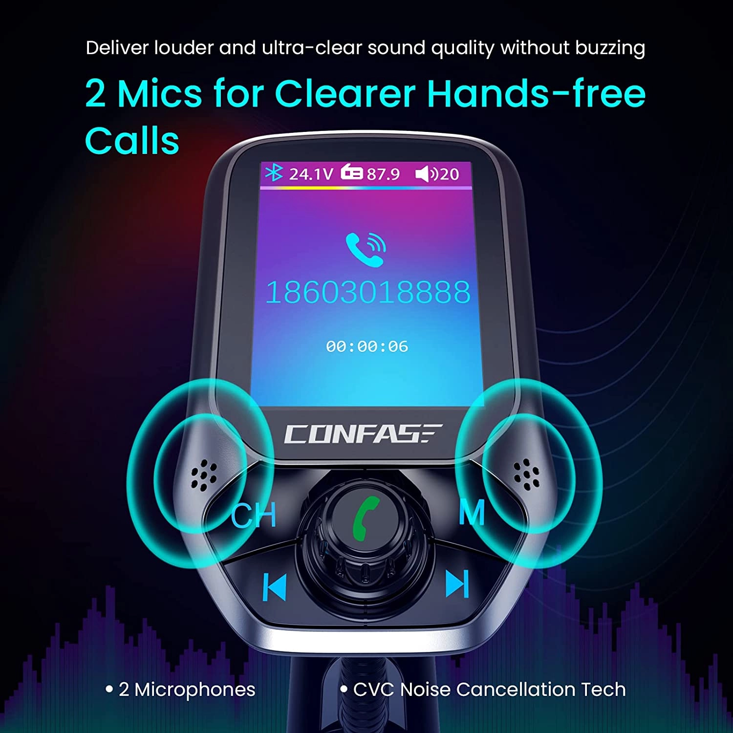 [Upgraded] CONFASE PD20W 2 CVC Mic V5.0 FM Transmitter for Car