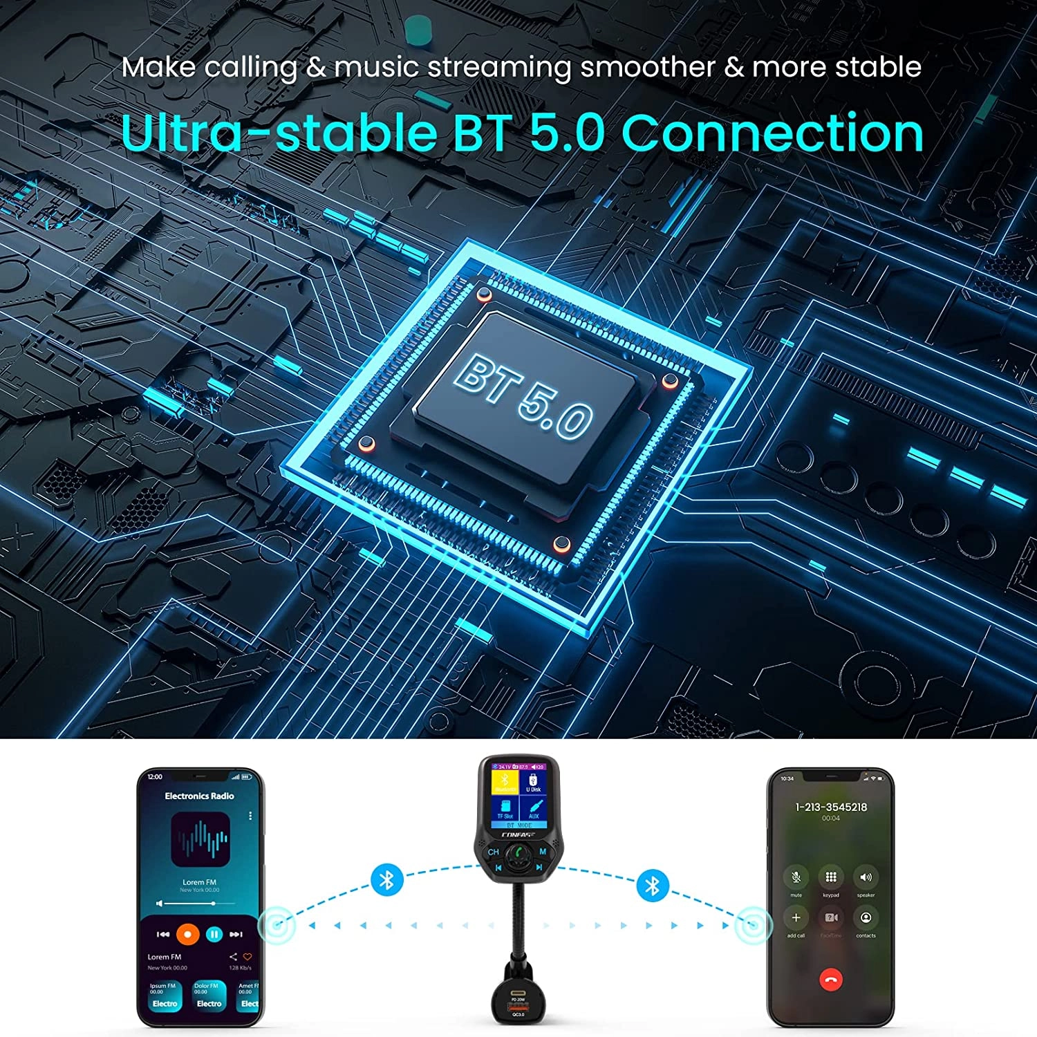 [Upgraded] CONFASE PD20W 2 CVC Mic V5.0 FM Transmitter for Car