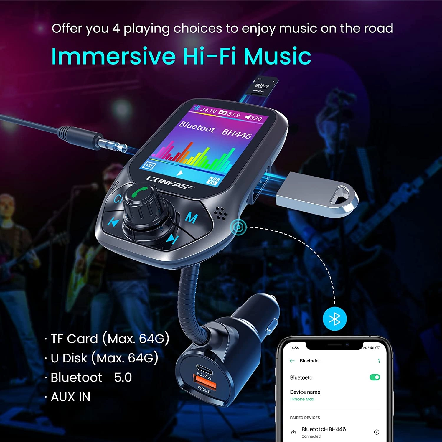 [Upgraded] CONFASE PD20W 2 CVC Mic V5.0 FM Transmitter for Car